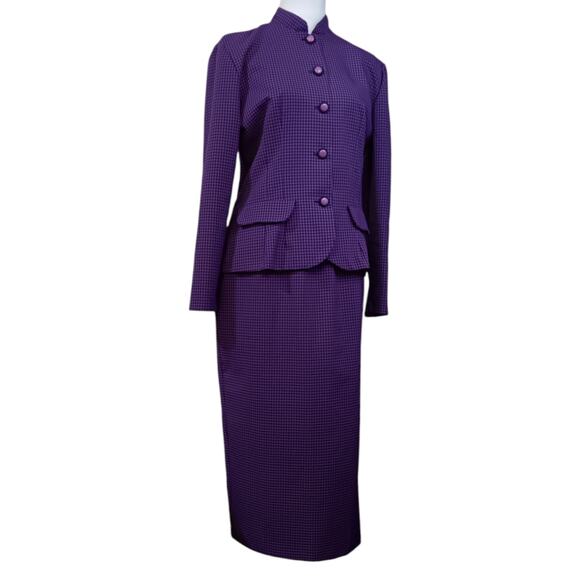 VINTAGE 1970s 2 Piece Suit Long Midi Skirt Jacket Set Large Purple Black Gingham - Picture 2 of 16